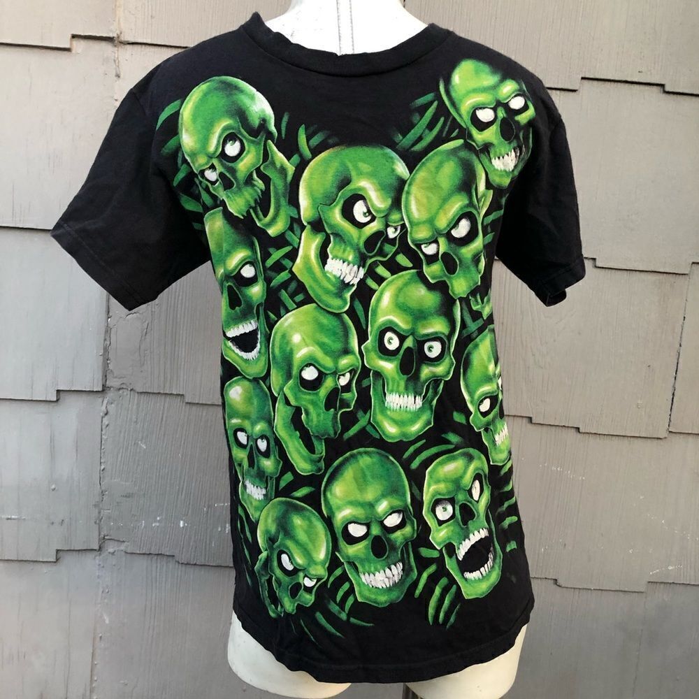2001 Y2K Vintage Liquid Blue Green Skull Pile Mens Shirt Small‎ AOP Travis Scott